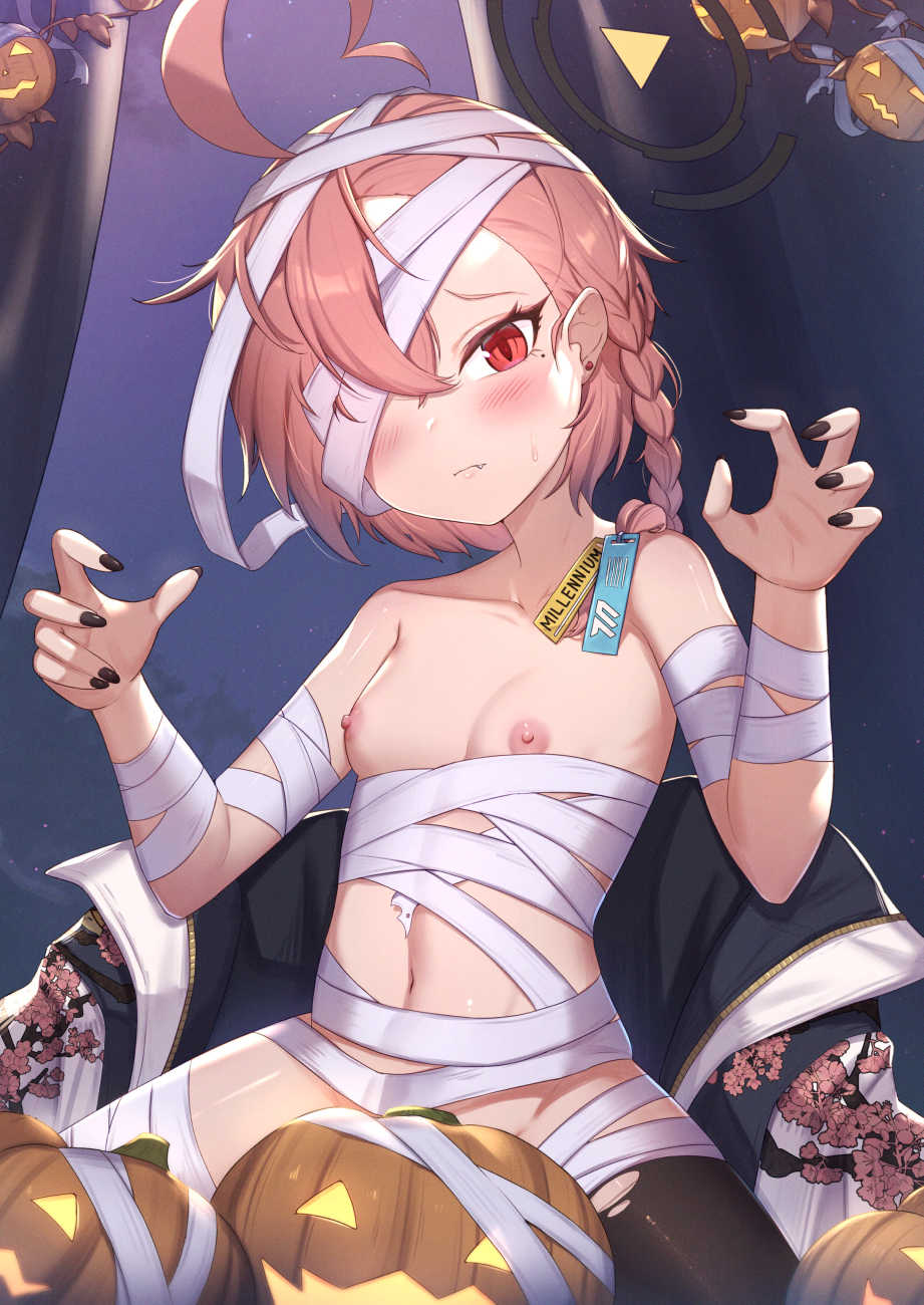 1girl ahoge bandages black_nails black_thighhighs blue_archive blush braid breasts brown_hair claw_pose closed_mouth earrings fang fang_out hair_over_one_eye halloween halo hands_up highres jack-o'-lantern jewelry looking_at_viewer mole mole_under_eye mummy_costume nail_polish naked_bandage navel neru_(blue_archive) nipples red_eyes single_braid single_thighhigh small_breasts solo stud_earrings sweat thighhighs torn_clothes torn_thighhighs uneg