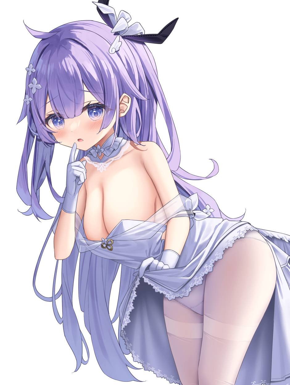 1girl alternate_breast_size azur_lane blush breasts cleavage clothes_lift collarbone dress dress_lift flower gloves hair_between_eyes hair_flower hair_ornament hand_up highres large_breasts leaning_forward lifted_by_self long_hair pantyhose purple_eyes purple_hair satsuki_yukimi simple_background solo thighband_pantyhose unicorn_(azur_lane) very_long_hair white_background white_dress white_flower white_gloves white_pantyhose wing_hair_ornament