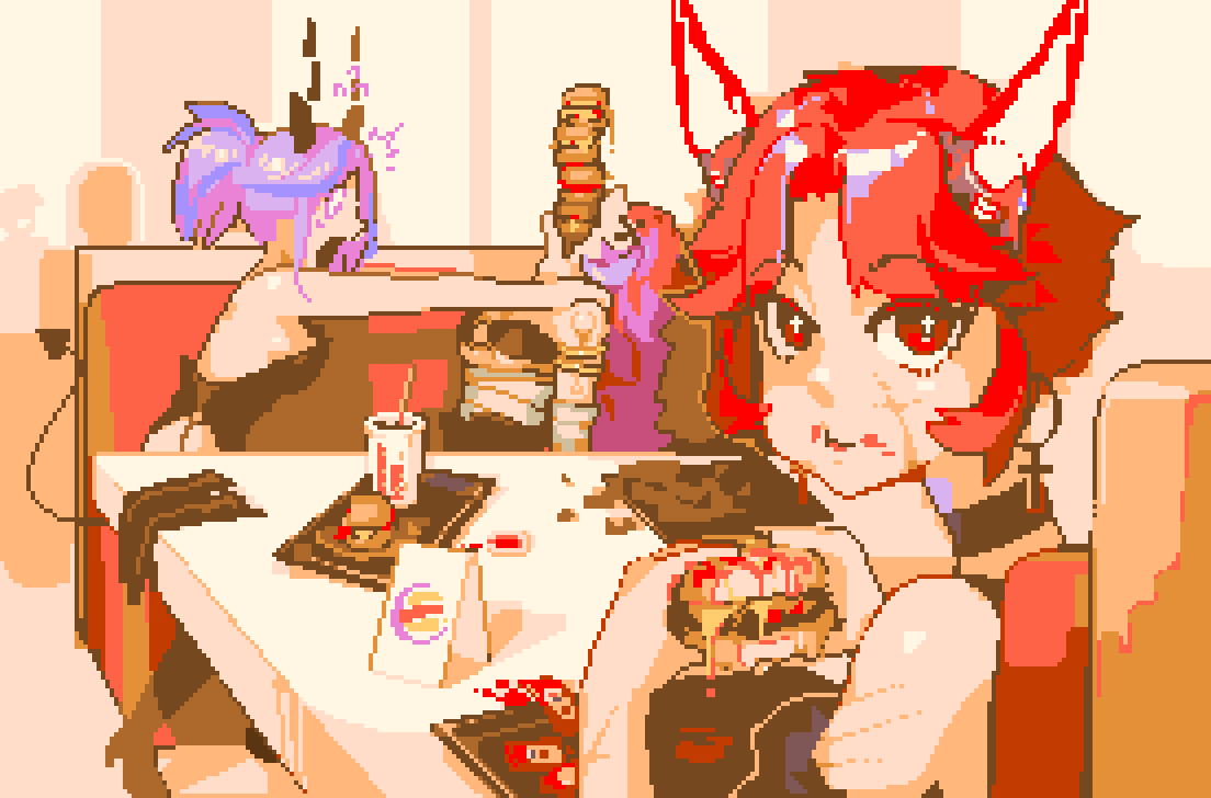 +_+ 3girls bare_shoulders black_choker black_footwear black_horns breasts burger choker condiment_packet cup demon demon_horns dgt_lemon dirty dirty_face disposable_cup drinking_straw earrings eating food food_on_face glutton horns indoors jewelry ketchup leotard long_hair looking_at_viewer multiple_girls pixel_art purple_hair red_eyes red_hair restaurant short_hair short_ponytail sitting small_breasts tray venus_symbol