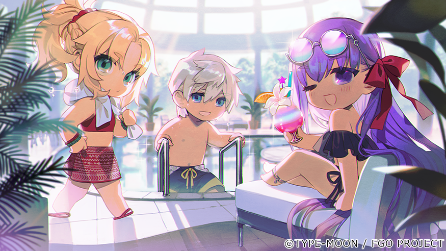 1boy 2girls :d alternate_costume anklet arm_at_side bare_shoulders bb_(fate) bikini black_bikini blonde_hair blue_eyes blue_male_swimwear blue_towel blurry bracelet braid chair chibi closed_mouth cocktail company_name copyright copyright_name cup depth_of_field drink drinking_glass drinking_straw eyewear_on_head fate/grand_order fate_(series) flower flower_in_drink food fruit gradient-tinted_eyewear green_eyes grey-framed_eyewear hair_ornament hair_ribbon hair_scrunchie hand_on_own_hip hand_up hands_up hibiscus holding holding_cup holding_drink holding_towel hurricane_glass indoors jewelry light_blush light_rays long_hair looking_at_viewer looking_back looking_to_the_side lounge_chair male_swimwear mordred_(fate) multiple_girls off-shoulder_bikini off_shoulder official_art on_chair one_eye_closed open_mouth orange_(fruit) orange_slice parted_bangs percival_(fate) plant ponytail pool pool_ladder poolside potted_plant print_sarong purple_eyes purple_hair red_bikini red_footwear red_ribbon red_sarong red_scrunchie ribbon sandals sarong scrunchie short_hair side-tie_bikini_bottom sitting sitting_on_hair smile sports_bikini star_(symbol) sunbeam sunglasses sunlight swim_trunks swimsuit taa_(acid) topless_male towel towel_around_neck very_long_hair walking water water_drop white_flower white_hair