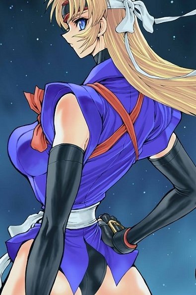 1girl ass black_gloves blonde_hair blue_eyes blue_kimono breasts elbow_gloves gloves hairband hand_on_hip japanese_clothes kasaki_yoshihiko kimono large_breasts long_hair looking_back martial_champion racheal sky star_(sky) starry_background starry_sky