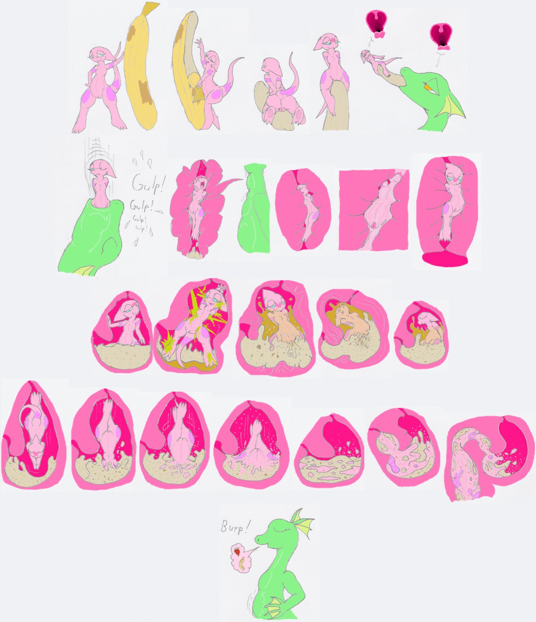 2014 anonymous_character anthro anthro_prey banana belly blue_eyes blush bodily_fluids bodily_noises death different_sound_effects digestion dragon duo ear_fins english_text extreme_size_difference fatal_vore female female/female fin food fruit fruit_dragon genitals green_body green_scales green_skin hi_res internal looking_pleasured mawplay melting membrane_(anatomy) micro miel_(mielsucre) mielsucre mixed_media nude oral_vore orange_eyes pink_body pink_scales pink_skin plant pussy rumbling_stomach scales scalie simple_background size_difference smile soft_vore sound_effects stomach_acid tail text vore webbed_hands white_background willing_pred willing_prey