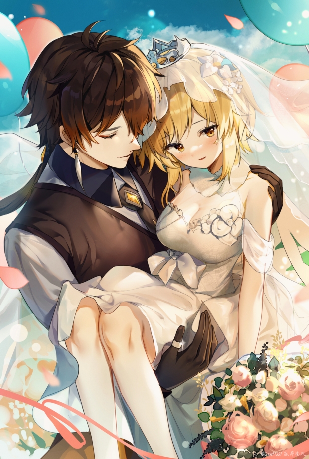 1boy 1girl balloon bare_shoulders black_gloves black_necktie black_sweater_vest blonde_hair blue_shirt blush bouquet breasts bridal_veil bride brooch brown_hair carrying cleavage closed_eyes closed_mouth collared_shirt commentary_request crown day dot_nose dress earrings feet_out_of_frame flower genshin_impact gloves gradient_hair guzangnanfeng hair_between_eyes hair_flower hair_ornament jewelry knees_together_feet_apart knees_up long_hair looking_ahead lumine_(genshin_impact) medium_breasts mini_crown multicolored_hair necktie orange_eyes outdoors parted_lips pink_flower princess_carry ring shirt short_hair sidelocks signature smile strapless strapless_dress sweater_vest swept_bangs v-neck veil wedding_dress white_dress white_flower zhongli_(genshin_impact)
