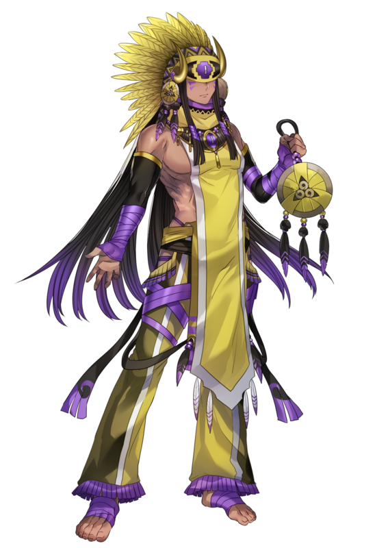 1boy aegislash bandaged_arm bandaged_foot bandages bare_shoulders black_hair closed_mouth dark-skinned_male dark_skin facial_mark fake_horns feathers fringe_trim full_body gradient_hair headdress horned_headwear horns katagiri_hachigou long_hair male_focus multicolored_hair native_american_headdress personification pokemon purple_hair simple_background solo standing two-tone_hair white_background