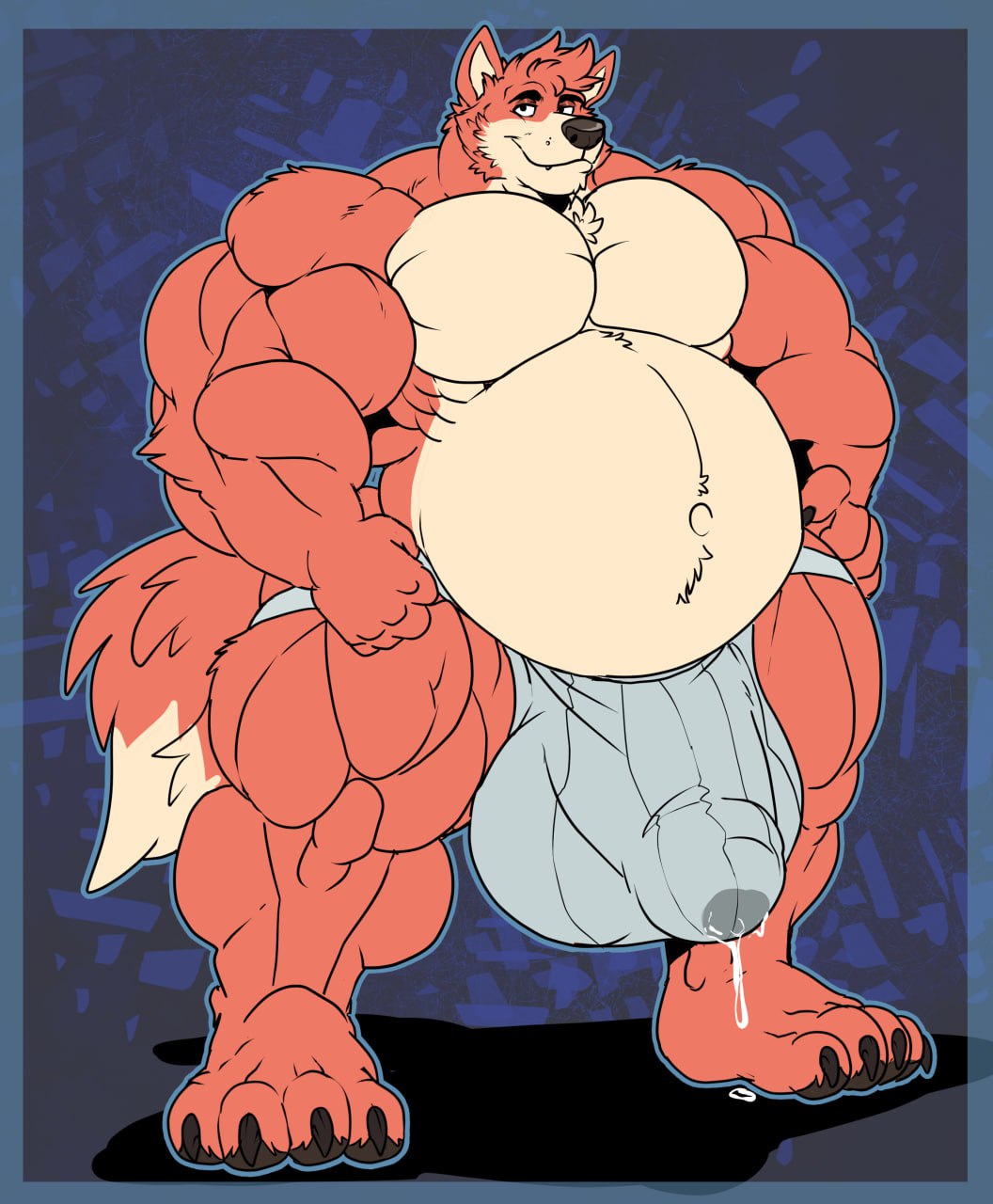 abs anthro balls barefoot belly biceps big_belly big_bulge big_muscles bodily_fluids bottomwear bulge canid canine canis claws clothed clothing digital_media_(artwork) feet fingers fur genital_fluids genitals hi_res huge_bulge hybrid hyena hyper hyper_bulge jockstrap looking_at_viewer male mammal muscular muscular_anthro muscular_male muscular_thighs navel pawpads paws pecs plantigrade simple_background smile solo tail toes topless underwear wolf xibalbakat