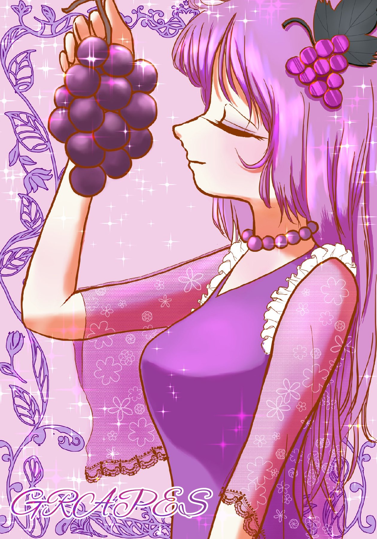 1girl bead_necklace beads closed_eyes dress english_text food food-themed_hair_ornament frilled_sleeves frills from_side fruit grape_hair_ornament grapes hair_ornament highres jewelry leaf_hair_ornament long_hair machao necklace original profile purple_dress purple_hair purple_theme see-through see-through_sleeves solo sparkle upper_body