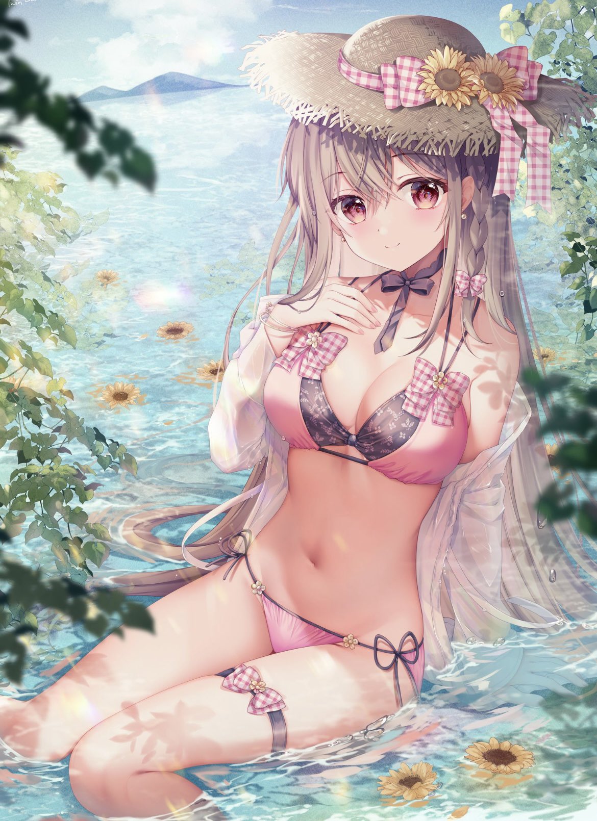 1girl bare_shoulders bikini black_choker bow braid breasts brown_hair brown_headwear choker cleavage closed_mouth flower hair_bow hand_on_own_chest hand_up hat highres jacket long_hair long_sleeves looking_at_viewer maeda_shiori medium_breasts multi-strapped_bikini navel off_shoulder open_clothes open_jacket pink_bikini red_eyes ribbon_choker side-tie_bikini_bottom sitting smile solo sousouman stomach straw_hat string_bikini sunflower swimsuit thigh_strap thighs twinbox_school very_long_hair water wet white_jacket