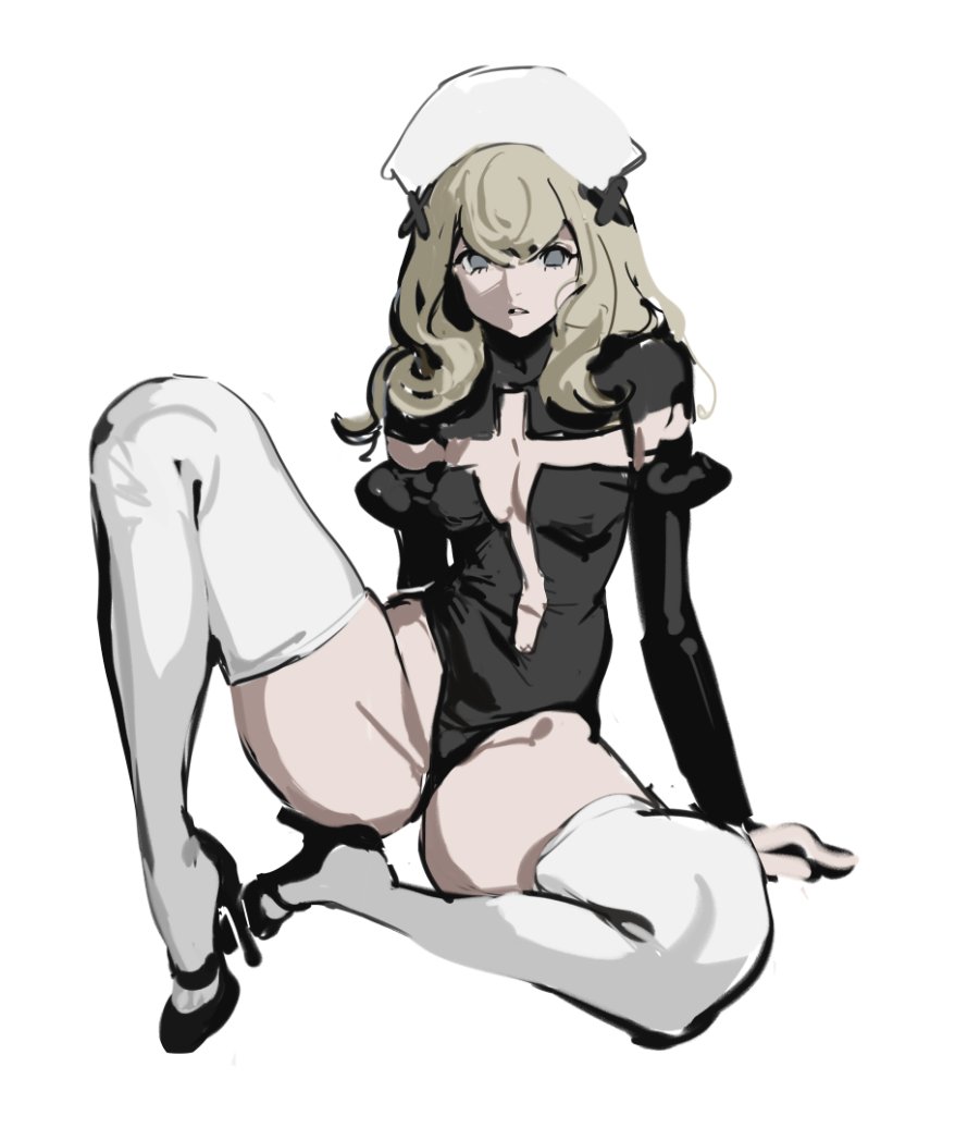 1girl arm_support black_footwear black_leotard blonde_hair breasts cleavage cross_cutout elbow_gloves full_body gloves grey_eyes groin high_heels highleg highleg_leotard leotard long_hair looking_at_viewer original parted_lips quuni simple_background sitting small_breasts solo spread_legs thighhighs thighs white_background white_thighhighs
