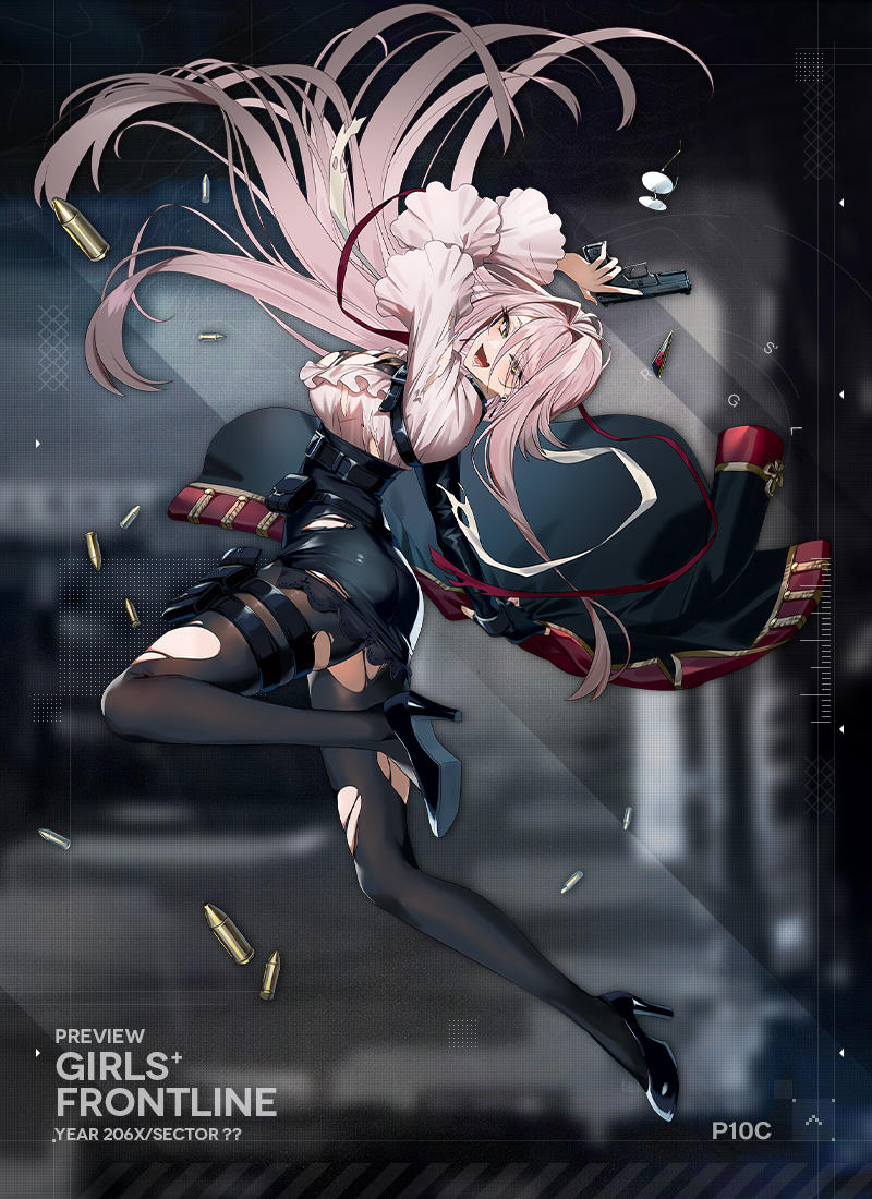 1girl ass asymmetrical_shirt belt black_belt black_footwear black_gloves black_jacket black_pantyhose black_skirt breasts bullet commentary cz_p-10_c english_commentary fingerless_gloves frilled_sleeves frills full_body girls'_frontline glasses gloves gun hair_down handgun high-waist_skirt high_heels holding holding_gun holding_weapon jacket jacket_on_shoulders large_breasts long_hair looking_at_viewer lower_teeth_only midair miyukiyo official_art open_mouth p10c_(girls'_frontline) pantyhose pink_hair pink_shirt promotional_art red_jacket round_eyewear second-party_source shirt single_glove single_sleeve skirt smile solo teeth thigh_pouch torn_clothes torn_pantyhose torn_shirt torn_skirt trigger_discipline two-sided_fabric two-sided_jacket unworn_eyewear very_long_hair weapon yellow_eyes