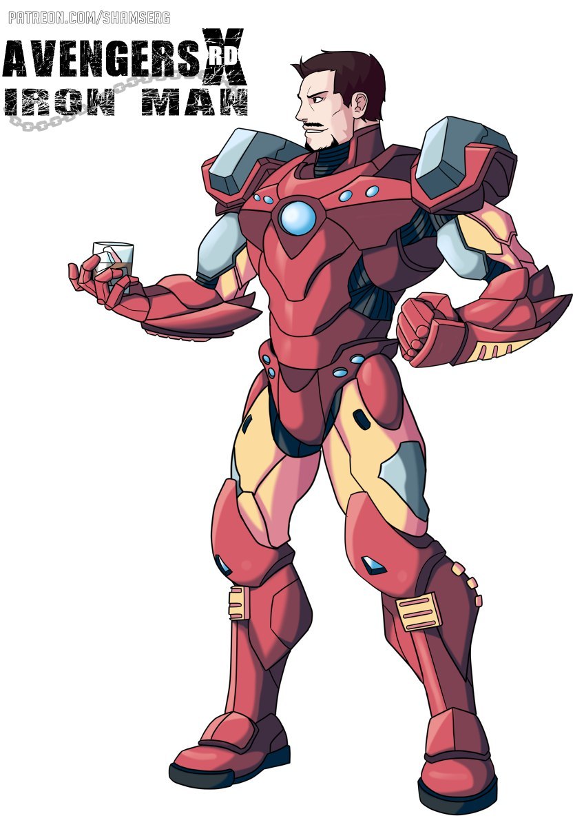 1boy alcohol animification arc_reactor armor avengers_(series) beard brown_eyes brown_hair character_name copyright_name crossover cup facial_hair from_side full_body guilty_gear guilty_gear_xrd highres holding holding_cup ice ice_cube iron_man looking_to_the_side male_focus marvel multicolored_armor mustache no_headwear power_armor red_armor redesign science_fiction shamserg short_hair smile superhero tony_stark white_background