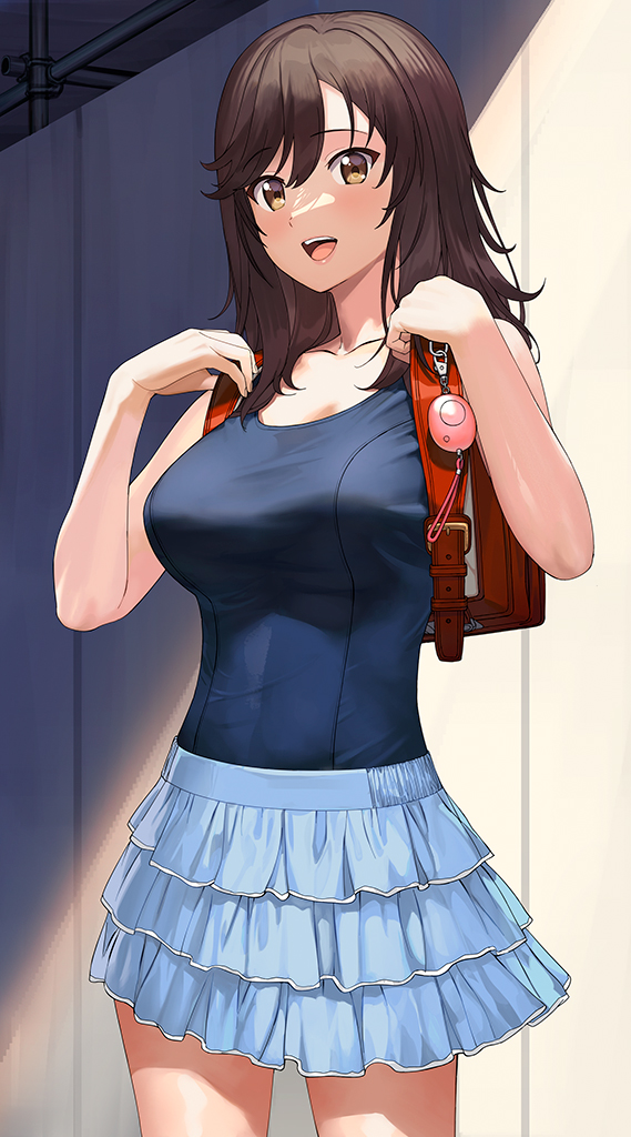1girl a1 backpack bag blue_one-piece_swimsuit blush breasts brown_eyes brown_hair frilled_skirt frills ichijou_hotaru long_hair looking_at_viewer medium_breasts non_non_biyori one-piece_swimsuit open_mouth randoseru school_swimsuit skirt solo standing swimsuit swimsuit_under_clothes