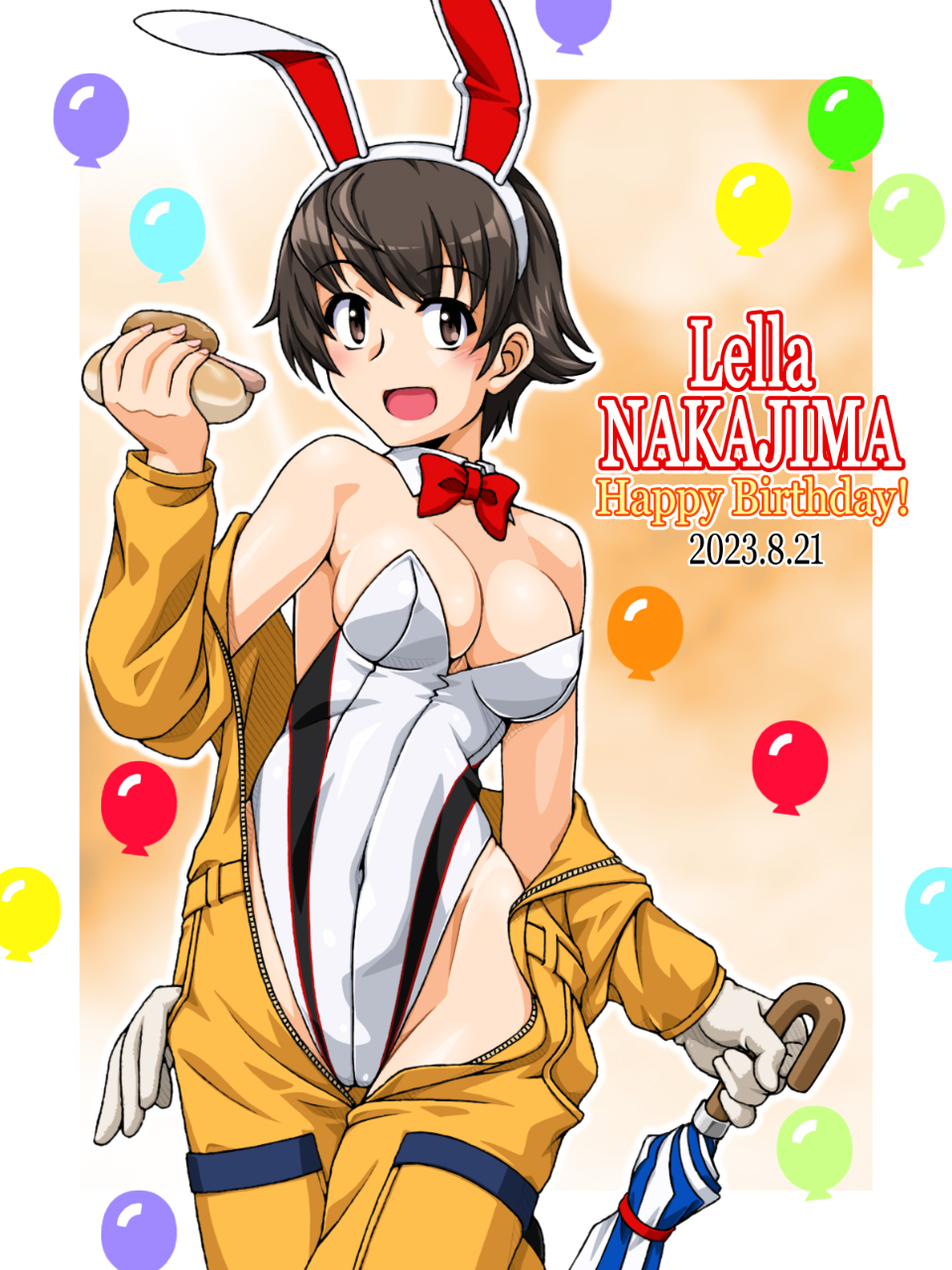1girl animal_ears birthday blush bow bowtie breasts brown_eyes brown_hair character_name cleavage covered_navel dated fake_animal_ears girls_und_panzer happy_birthday highres hot_dog jumpsuit large_breasts leotard looking_at_viewer nakajima_(girls_und_panzer) oosaka_kanagawa open_mouth playboy_bunny rabbit_ears red_bow red_bowtie short_hair smile solo umbrella white_leotard
