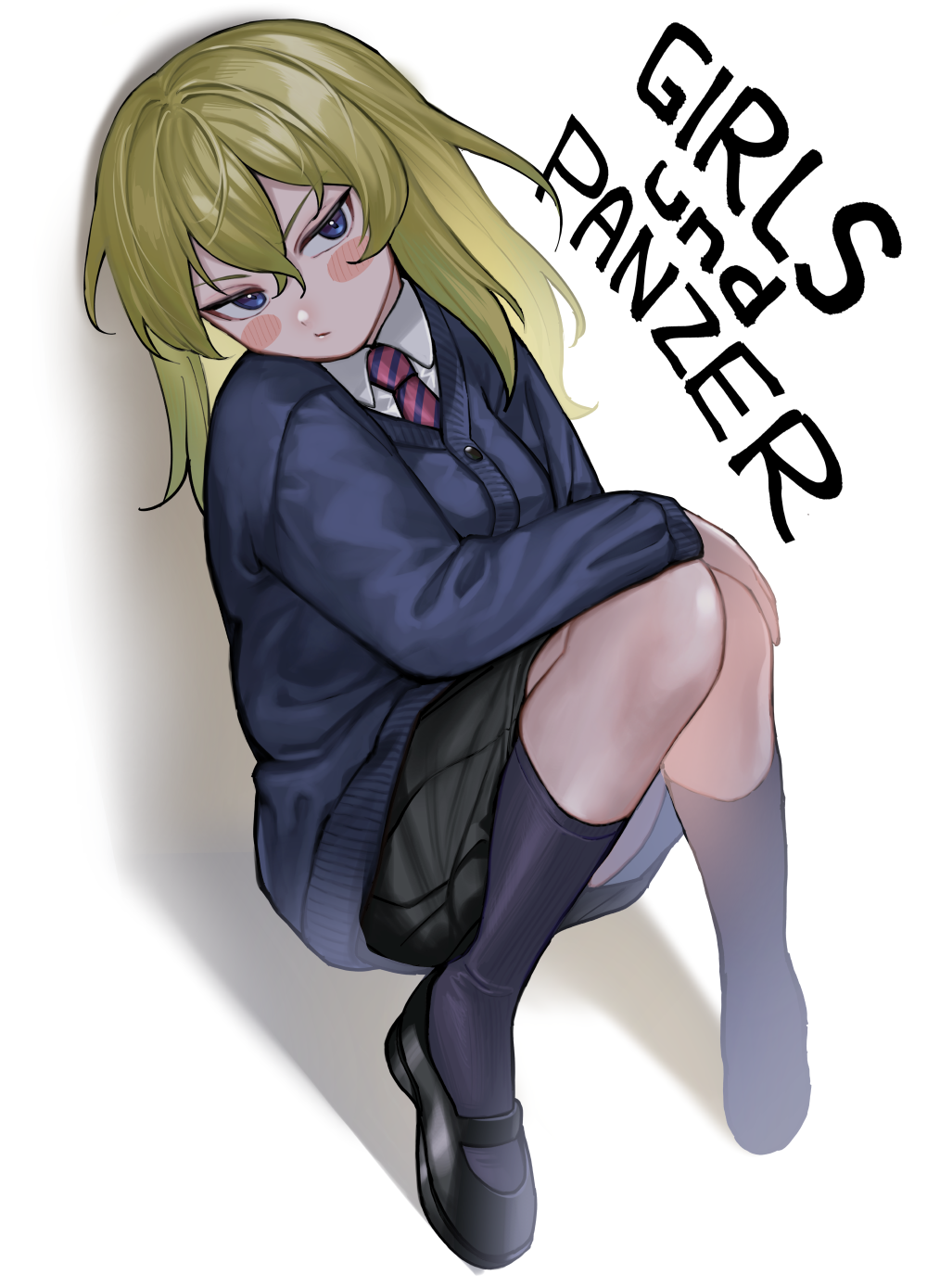 1girl bc_freedom_school_uniform blonde_hair blue_cardigan blue_eyes blue_sweater blush cardigan closed_mouth commentary_request copyright_name diagonal-striped_necktie diagonal_stripes dress_shirt full_body girls_und_panzer hair_between_eyes highres long_hair long_sleeves looking_at_viewer machishita_atake messy_hair neckerchief necktie oshida_(girls_und_panzer) school_uniform shirt simple_background sitting skirt socks solo striped striped_neckerchief striped_necktie sweater white_background white_shirt