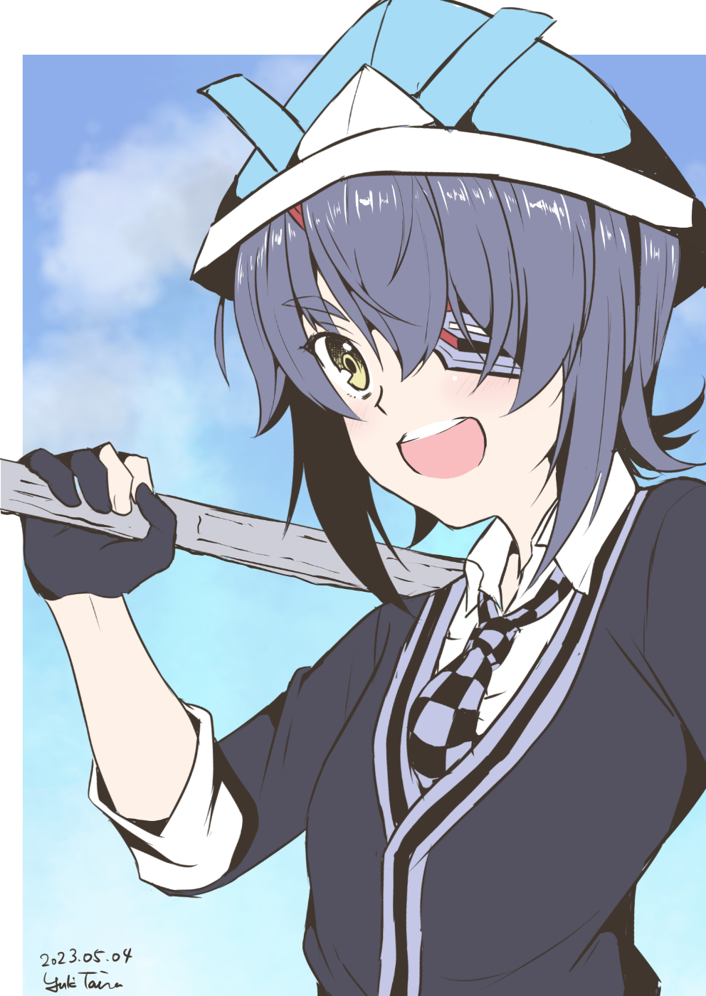 1girl aged_down black_gloves black_jacket blue_sky checkered_necktie cloud commentary_request eyepatch gloves highres jacket kantai_collection necktie open_mouth paper_hat paper_kabuto partially_fingerless_gloves purple_hair round_teeth school_uniform short_hair sky solo stick taira_yuuki teeth tenryuu_(kancolle) upper_body upper_teeth_only yellow_eyes