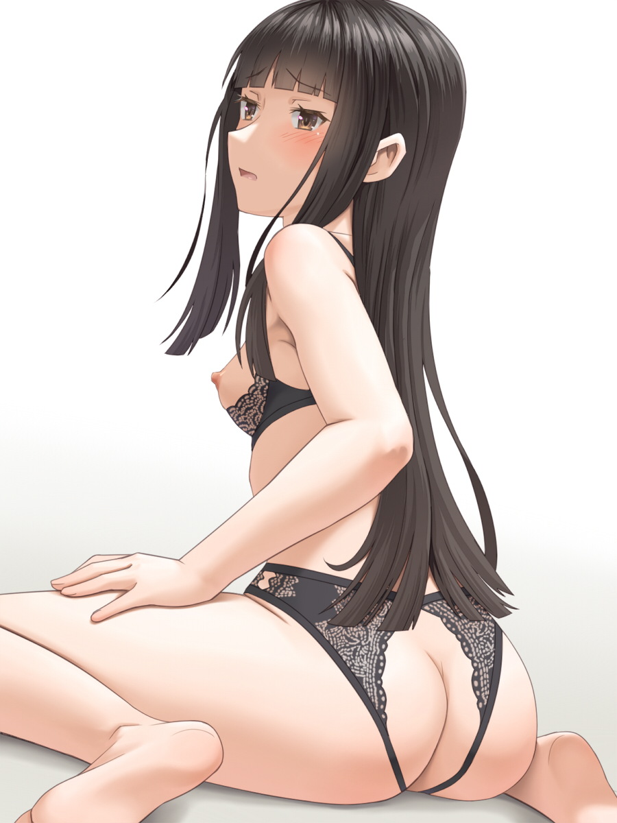 1girl ass backless_panties barefoot black_bra black_hair black_panties blunt_bangs bra breasts brown_eyes from_behind gradient_background grey_background highres long_hair looking_at_viewer meow_(nekodenki) nipples open_mouth original panties small_breasts soles solo underwear underwear_only