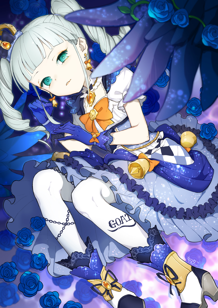 1girl aikatsu! aikatsu!_(series) bell blue_dress blue_flower blue_gloves blue_rose blue_wings blunt_bangs boots bow bowtie brooch choker crown dress drill_hair earrings flower frilled_dress frills gloves green_eyes grey_hair hands_up high_heel_boots high_heels highres idol jewelry jingle_bell kinutani_yutaka lolita_fashion long_hair looking_at_viewer lying mini_crown on_side pantyhose parted_lips puffy_short_sleeves puffy_sleeves ribbon rose short_sleeves solo tilted_headwear toudou_yurika twin_drills twintails white_footwear white_pantyhose wings