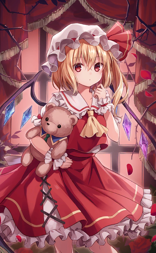 1girl :o ascot collared_shirt cross-laced_clothes cross-laced_skirt crystal crystal_wings curtains flandre_scarlet flower frilled_cuffs frilled_hat frilled_shirt_collar frilled_skirt frilled_sleeves frills hand_on_own_chin hat hat_ribbon holding holding_stuffed_toy kure~pu leaf looking_at_viewer mob_cap official_art one_side_up open_mouth petals puffy_short_sleeves puffy_sleeves red_eyes red_flower red_ribbon red_rose red_skirt red_vest ribbon rose shirt short_hair short_sleeves side_ponytail skirt skirt_set stuffed_animal stuffed_toy teddy_bear thorns touhou touhou_cannonball vest white_headwear white_shirt white_wrist_cuffs window wings yellow_ascot yellow_trim