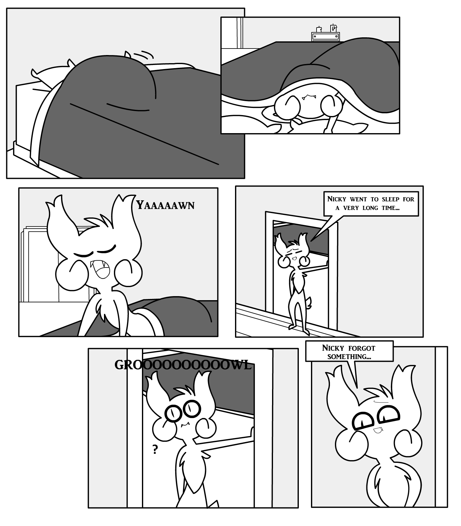 ambiguous_gender anthro bat bed bedroom border candle comic dialogue doorframe doorway drawer english_text eyes_closed fangs furniture greyscale hi_res inside lying mammal monochrome motion_lines narrowed_eyes nicky_(abfmh) obscured_eyes on_bed on_front open_mouth overbite pillow pupils question_mark scut_tail shane_frost short_tail slit_pupils solo sound_effects speech_bubble standing tail teeth text white_border
