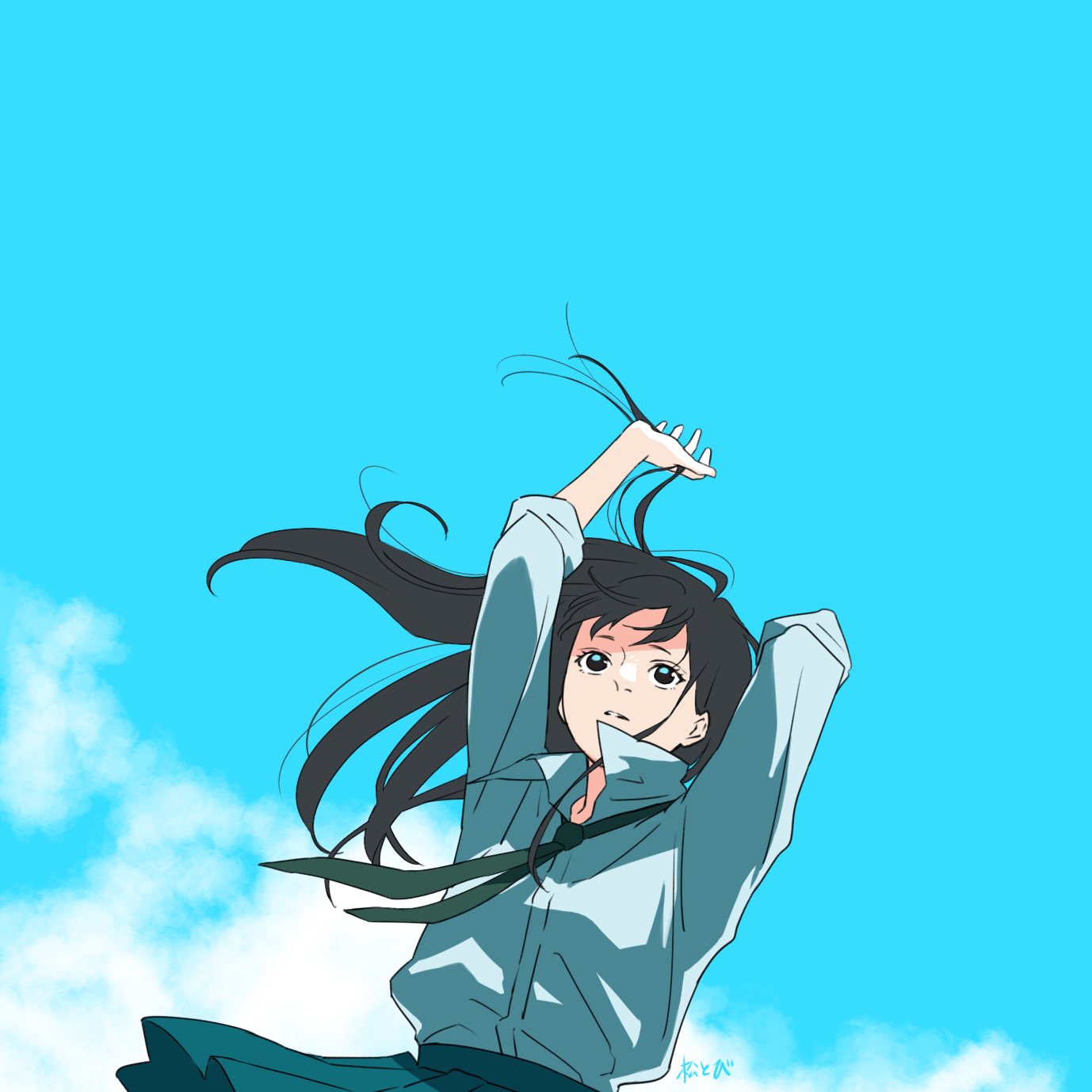 1girl arm_up black_eyes black_necktie black_skirt blue_theme cloud cloudy_sky day floating_hair from_below highres matsu_tobi83ss necktie original outdoors parted_lips pleated_skirt shirt signature skirt sky solo upper_body white_shirt wind