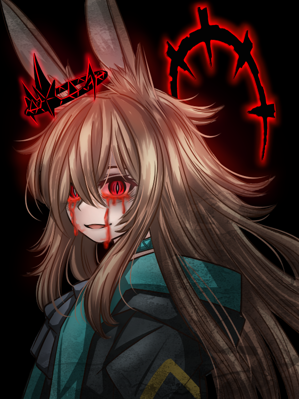 1girl affliction_(darkest_dungeon) amiya_(arknights) animal_ears arknights ascot black_jacket blood blood_from_eyes blue_ascot blue_collar brown_hair collar darkest_dungeon floating_crown guin_guin hair_between_eyes hood hooded_jacket jacket jewelry long_hair long_sleeves looking_at_viewer neck_ring open_clothes open_jacket rabbit_ears rabbit_girl red_eyes solo
