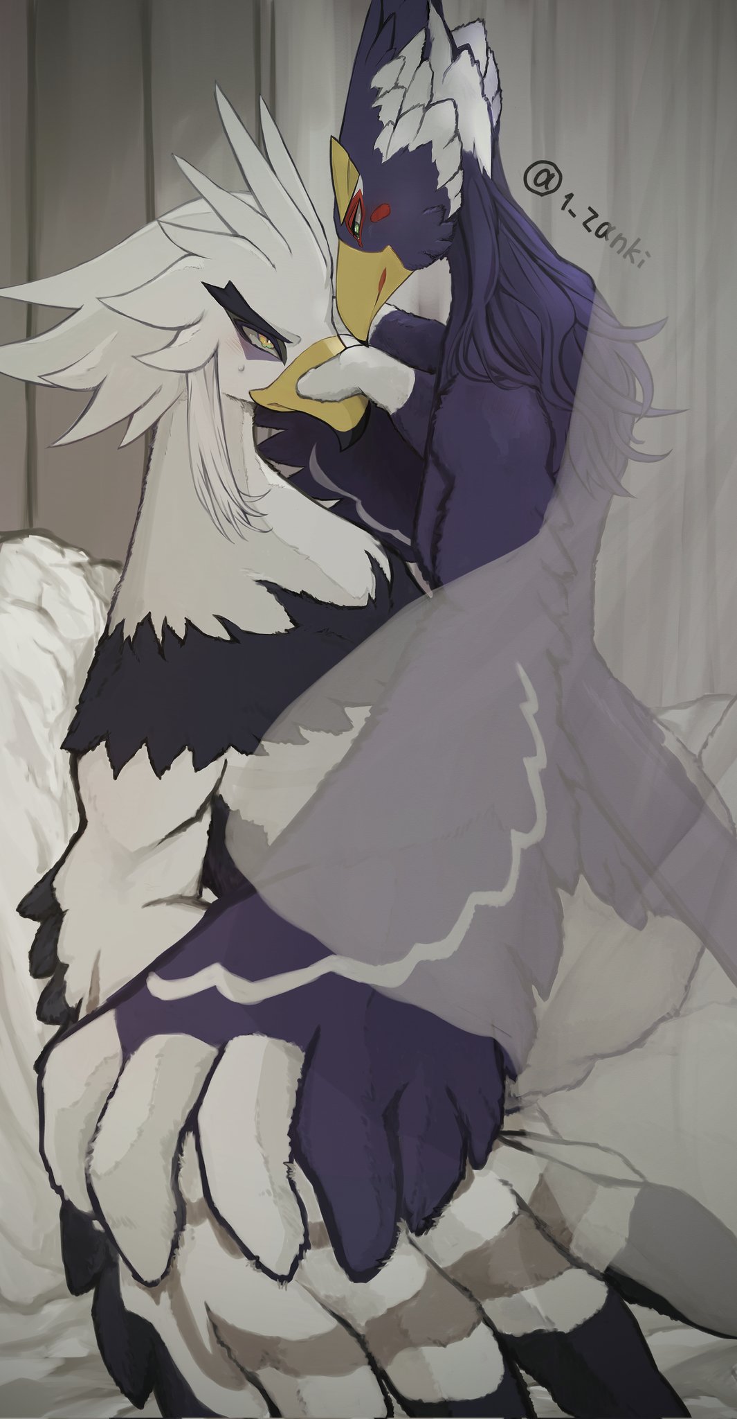 1_zanki anthro avian bed blue_body blue_feathers breath_of_the_wild duo feathers furniture green_eyes hair hi_res long_hair male male/male nintendo nude revali rito teba_(tloz) the_legend_of_zelda white_body white_feathers wings yellow_eyes