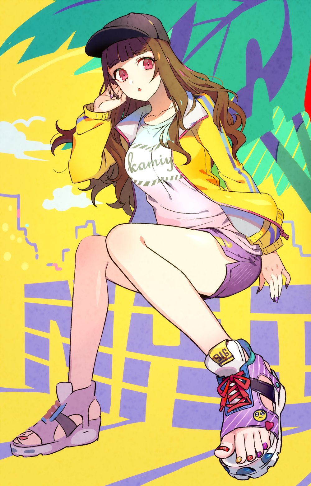 1girl alternate_costume baseball_cap black_headwear black_nails blunt_bangs breasts brown_hair collarbone dolphin_shorts feet foreshortening hand_up hat highres idolmaster idolmaster_cinderella_girls jacket kamiya_nao knees_together_feet_apart leaning_to_the_side legs long_hair long_sleeves looking_at_viewer nail_polish open_clothes open_jacket open_mouth outdoors pink_eyes purple_footwear purple_nails purple_shorts red_nails sandals shirt shorts sitting solo thighs toenail_polish toenails toes white_shirt yellow_background yellow_jacket yellow_nails yuura