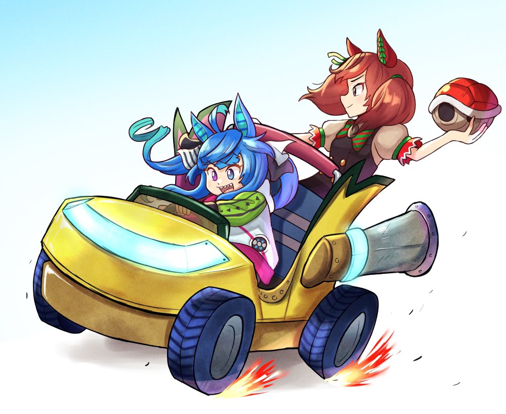 2girls ahoge animal_ears beta_2 black_dress blue_eyes blue_hair bow bowtie brown_hair brown_shirt car closed_mouth dress driving ear_covers heterochromia hood hoodie horse_ears long_hair long_sleeves mario_(series) mario_kart medium_hair motor_vehicle multiple_girls nice_nature_(umamusume) open_mouth purple_eyes red_shell_(mario) sharp_teeth shirt short_sleeves smile teeth twin_turbo_(umamusume) twintails umamusume