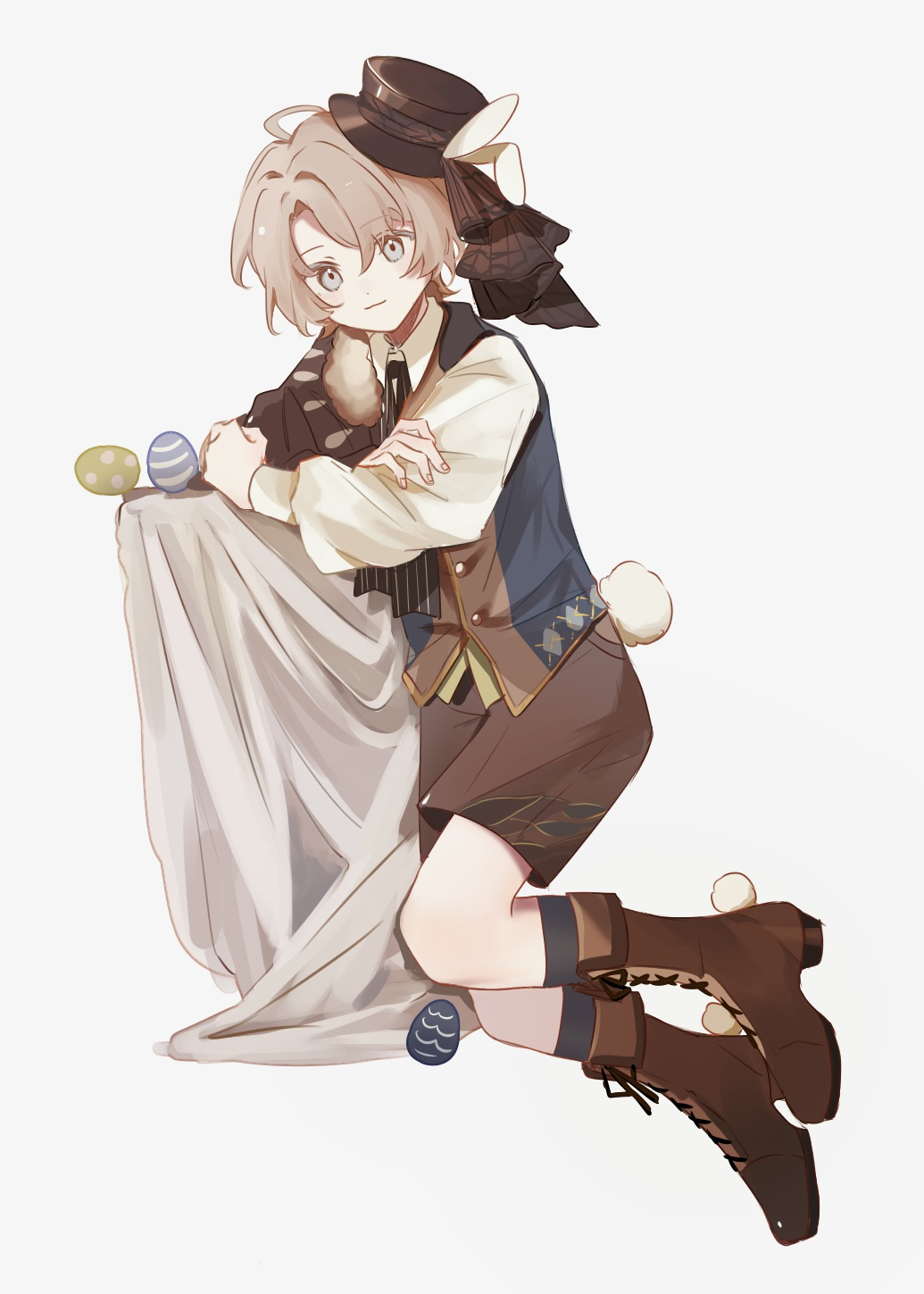 1boy aged_down ahoge animal_ears black_socks boots brown_footwear cosplay easter_egg egg fake_animal_ears fake_tail grey_eyes hat highres light_brown_hair long_sleeves looking_at_viewer male_child male_focus mini_hat shirt short_hair shuuen_no_virche socks solo tail w047 white_rabbit_(alice_in_wonderland) white_rabbit_(alice_in_wonderland)_(cosplay) white_shirt yves_(shuuen_no_virche)