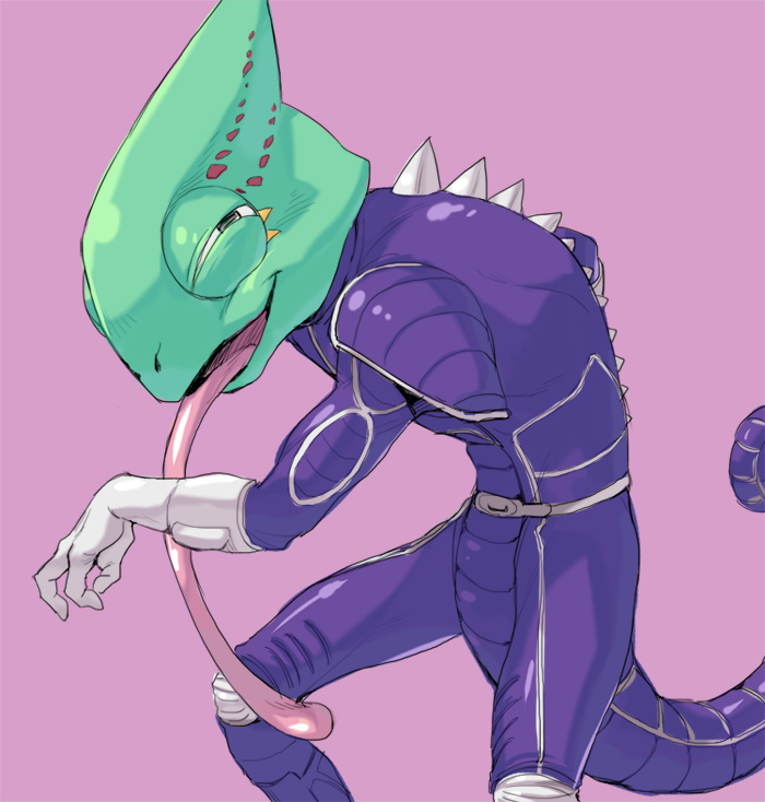 anthro bodysuit clothing countershading digital_media_(artwork) green_body green_scales leon_powalski lizard long_tongue looking_at_viewer narrowed_eyes nintendo pink_background reptile scales scalie shaded simple_background skinsuit solo squint star_fox sunoko24 tight_clothing tongue