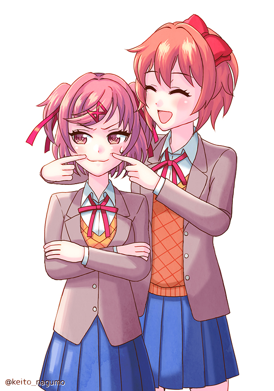 2girls :3 :d angry annoyed artist_name averting_eyes blazer blue_skirt blush bow breasts brown_jacket closed_eyes closed_mouth commentary cowboy_shot doki_doki_literature_club dress_shirt facing_another fingers_on_another's_face fingersmile forced_smile hair_between_eyes hair_bow hair_ornament hair_ribbon happy height_difference jacket keito_nagumo long_sleeves looking_to_the_side multiple_girls natsuki_(doki_doki_literature_club) neck_ribbon open_clothes open_jacket open_mouth orange_hair pink_eyes pink_hair pleated_skirt red_bow red_ribbon ribbon sayori_(doki_doki_literature_club) school_uniform shirt short_hair simple_background skirt small_breasts smile sweatdrop sweater_vest swept_bangs twitter_username two_side_up unamused white_background white_shirt x_hair_ornament yellow_sweater_vest