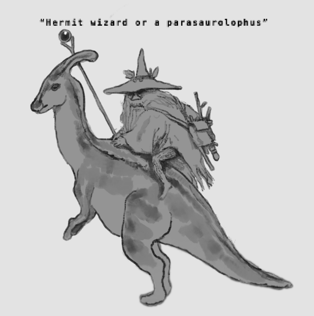 ambiguous_gender bag beard clothing dinosaur duo facial_hair feral hadrosaurid hat headgear headwear human male mammal ornithischian parasaurolophus plastiboo reptile riding scalie sitting_on_another staff standing tail witch_hat