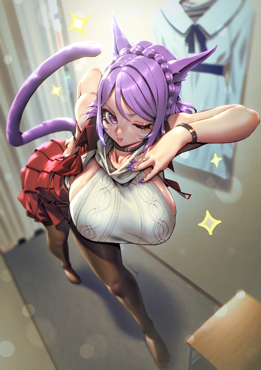 1girl animal_ears avatar_(ff14) bent_over black_pantyhose blurry blurry_background bracelet breasts cat_ears cat_girl cat_tail commission depth_of_field facial_mark final_fantasy final_fantasy_xiv fitting_room foreshortening highres jacket jewelry kio_naoki large_breasts looking_at_viewer meme_attire miqo'te one_eye_closed open_clothes open_jacket pantyhose pleated_skirt purple_eyes purple_hair purple_nails red_skirt ring short_hair skirt sleeveless solo tail virgin_killer_sweater whisker_markings