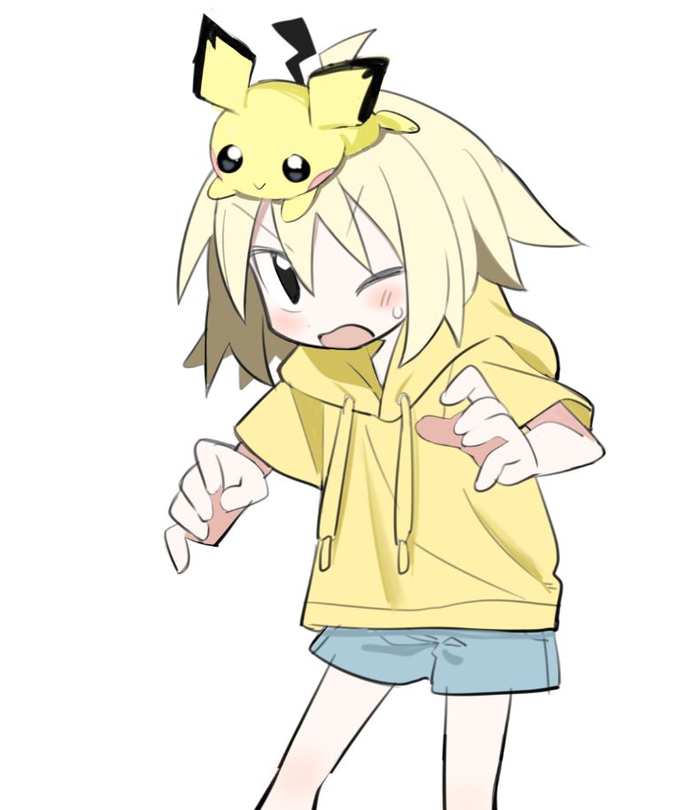 1girl ahoge black_eyes blonde_hair blue_shorts blush feet_out_of_frame hands_up hood hood_down hoodie kokaki_mumose looking_up null-meta on_head one_eye_closed open_mouth pichu pokemon pokemon_(creature) pokemon_on_head short_hair short_shorts short_sleeves shorts simple_background solo standing sweatdrop uozumi_kurumi v-shaped_eyebrows white_background yellow_hoodie