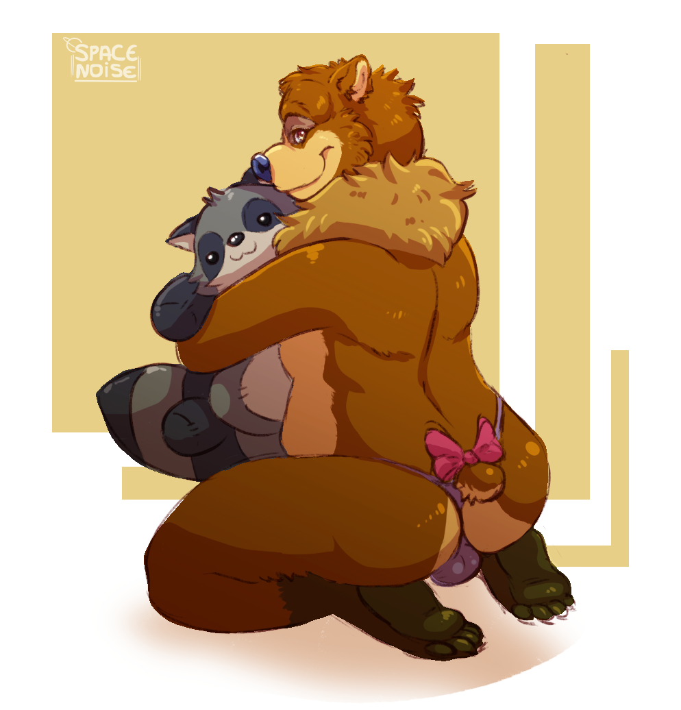 accessory animal_plushie anthro balls bear bow_(feature) bow_accessory brown_bear butt claws clothing cute_expression embrace furgonomics genitals hug hugging_plushie kneeling looking_at_viewer male mammal mockthebear panties paws plushie solo solo_focus spacenoise tail tail_accessory underwear ursine