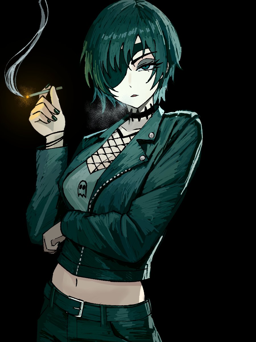 1girl alternate_costume belt black_background black_belt black_hair black_jacket black_pants chainsaw_man cigarette eyepatch fishnet_top fishnets gothic green_eyes highres himeno_(chainsaw_man) jacket looking_at_viewer navel pants smoke smoking solo stomach zeon_(zzeeonn)