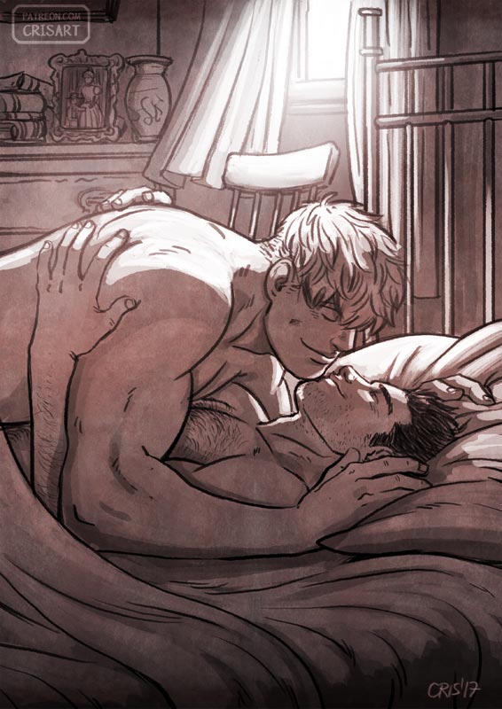 2boys arm_hair bara black_hair blonde_hair chest_hair closed_eyes couple cris_art hand_on_another's_back hulkling imminent_kiss lying lying_on_person male_focus marvel multiple_boys muscular muscular_male nude on_back on_bed pectorals short_hair sideburns smile sparse_stubble sunlight thick_eyebrows toned toned_male upper_body wiccan window yaoi
