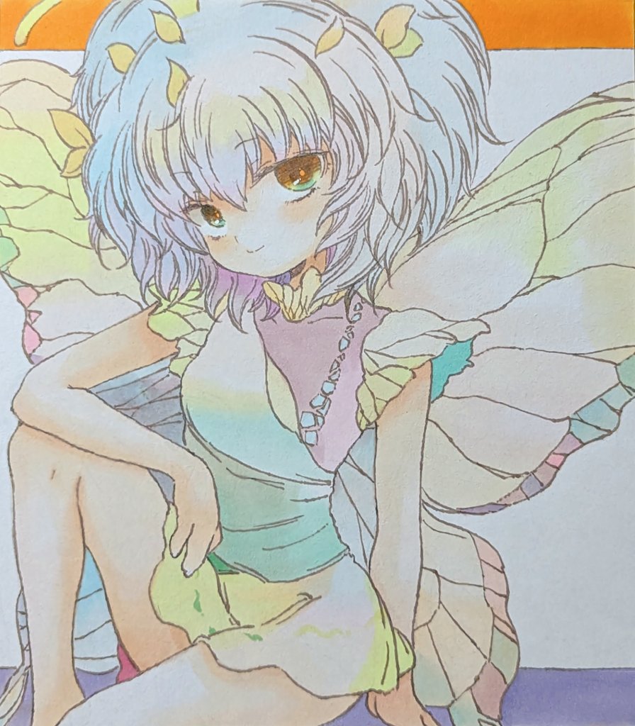 1girl antennae aqua_hair barefoot butterfly_wings closed_mouth dress eternity_larva fairy green_dress hair_between_eyes leaf leaf_on_head multicolored_clothes multicolored_dress nishina_masato short_hair short_sleeves smile solo touhou traditional_media wings yellow_eyes