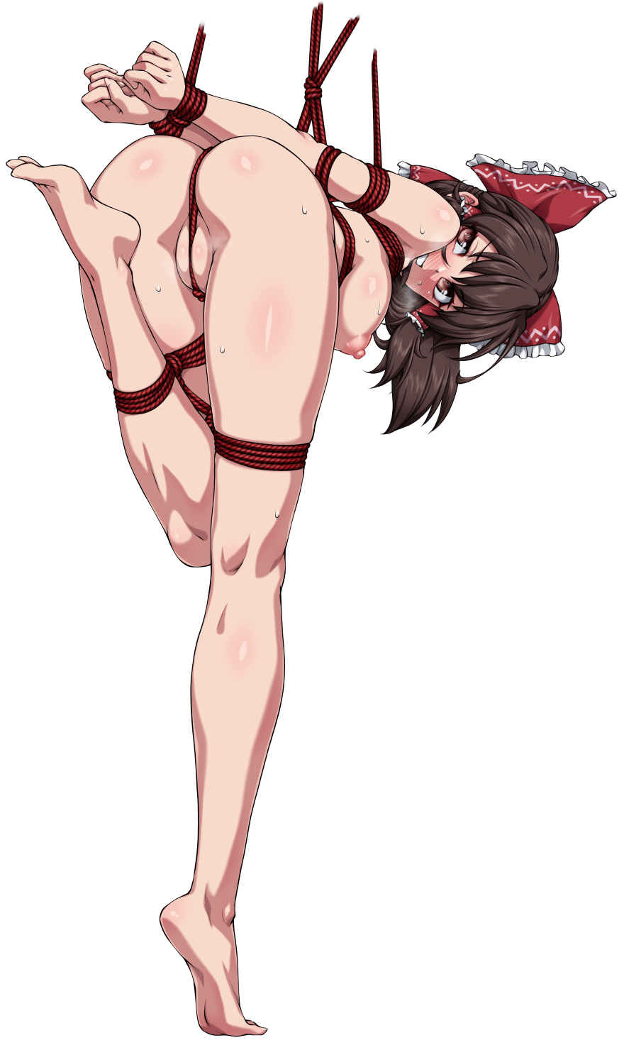 1girl barefoot bdsm blush bondage bound bow breasts brown_eyes brown_hair completely_nude frilled_bow frilled_hair_tubes frills full_body hair_bow hair_tubes hakurei_reimu highres looking_at_viewer medium_breasts medium_hair nipples nude ootsuki_wataru red_bow red_rope restrained rope shibari simple_background solo toenails toes touhou transparent_background