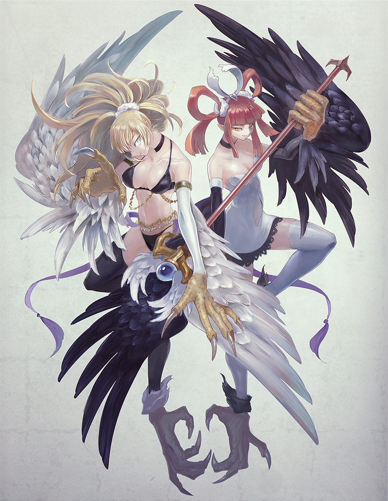 2girls animal_hands bare_shoulders bird_legs black_feathers black_wings blonde_hair breasts choker claws cleavage clothing_cutout duel_monster feathered_wings feathers green_eyes hair_rings harpie_channeler harpie_dancer harpy holding holding_staff large_breasts long_hair looking_at_viewer monster_girl multiple_girls navel navel_cutout orange_eyes orange_hair pointy_ears ponytail simple_background staff talons thighhighs twintails white_background white_feathers white_thighhighs white_wings winged_arms wings yu-gi-oh! yuza zettai_ryouiki