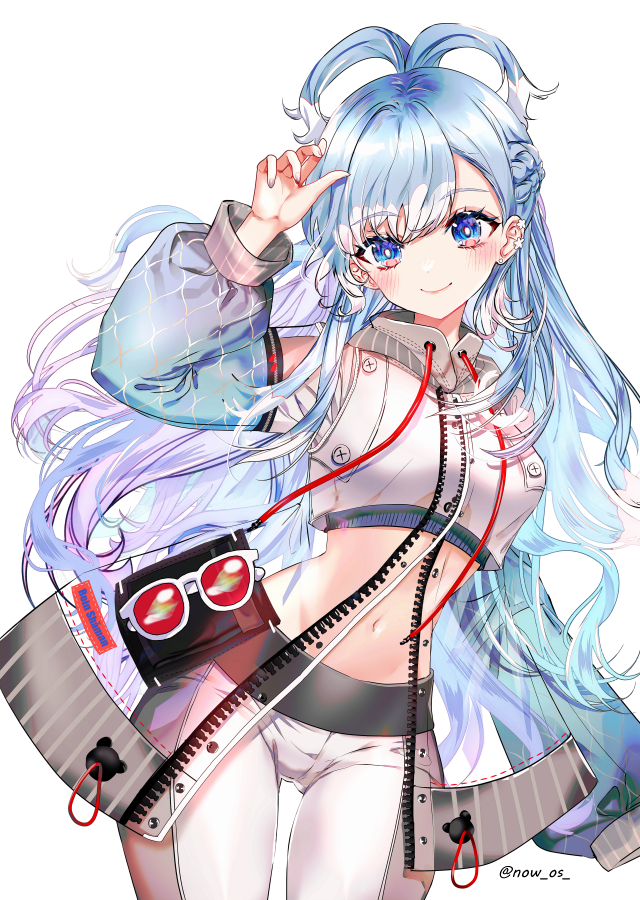 1girl arm_up blue_eyes blue_hair blush braid closed_mouth clothing_cutout colored_tips commentary crop_top cropped_jacket detached_sleeves earrings french_braid hololive hololive_indonesia jacket jewelry kobo_kanaeru kobo_kanaeru_(1st_costume) long_hair looking_at_viewer midriff multicolored_hair navel pants see-through see-through_jacket shiny_clothes shoulder_cutout simple_background smile solo sowon standing sunglasses swept_bangs thigh_gap transparent_background twitter_username virtual_youtuber white_background white_hair white_jacket white_pants