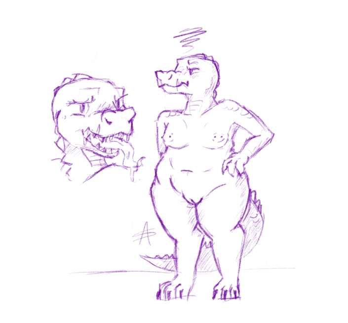 anthro appelsaus bodily_fluids chubby_belly claws crocodile crocodile_tail crocodilian crocodylid embarrassed female fupa genitals hand_on_hip hip_dips long_tongue looking_away mouth_scar nipple_piercing nipples piercing pussy reptile scales scalie sketch solo standing sweat sweatdrop toe_claws tongue wide_hips