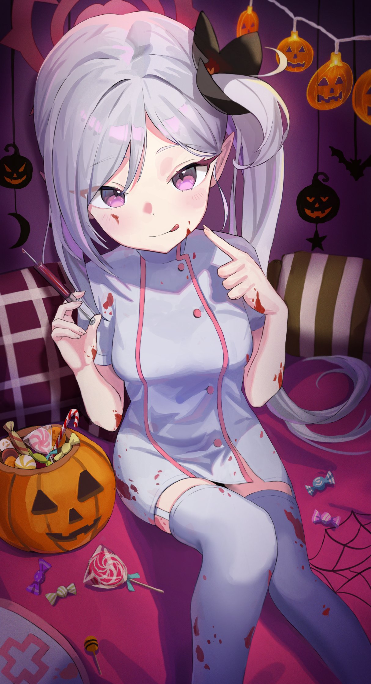 1girl black_scrunchie blue_archive blush breasts candy closed_mouth fingernails food grey_hair hair_ornament hair_scrunchie halloween halloween_costume halo highres holding holding_syringe jack-o'-lantern lollipop loloco long_hair looking_at_viewer medium_breasts mutsuki_(blue_archive) nurse pointy_ears purple_eyes red_halo scrunchie side_ponytail smile solo syringe thighhighs tongue tongue_out white_thighhighs