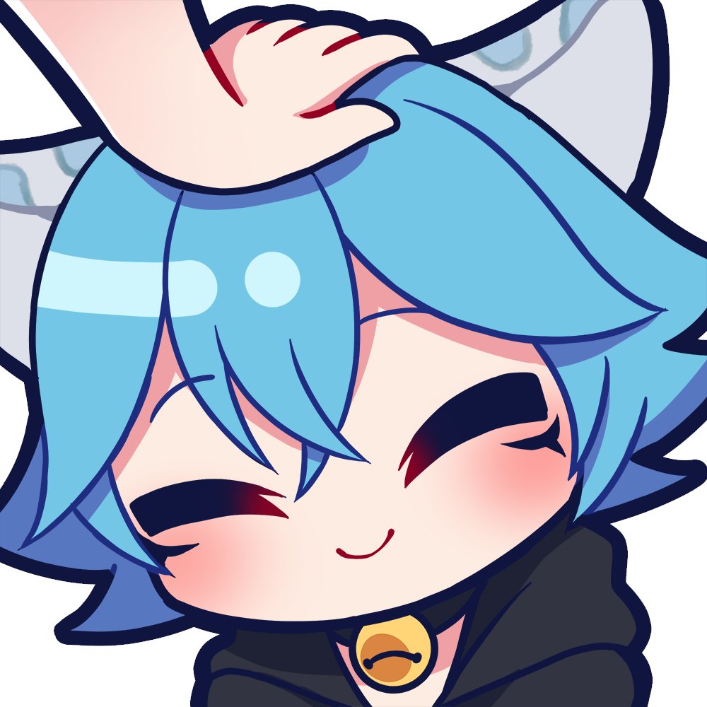 1boy animal_ears archon_eclipse bell blue_hair chibi hand_on_another's_head indie_virtual_youtuber leopard_boy leopard_ears male_focus marking_on_cheek neck_bell short_hair virtual_youtuber