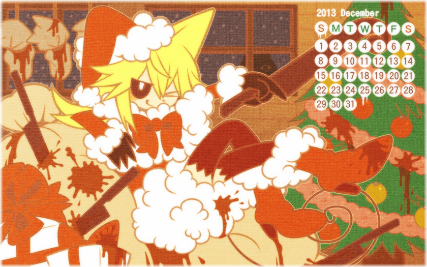 1girl 2013 animal_ears black_eyes black_gloves blonde_hair blood calendar_(medium) christmas christmas_tree december dress entrails fur-trimmed_dress fur_trim gift gloves hat holding holding_knife holding_weapon king_mogeko knife long_hair looking_at_viewer moge-ko mogeko_(mogeko_castle) mogeko_(okegom) mogeko_castle one_eye_closed organs red_footwear red_headwear sack santa_costume santa_dress santa_hat sidelocks smile tail weapon