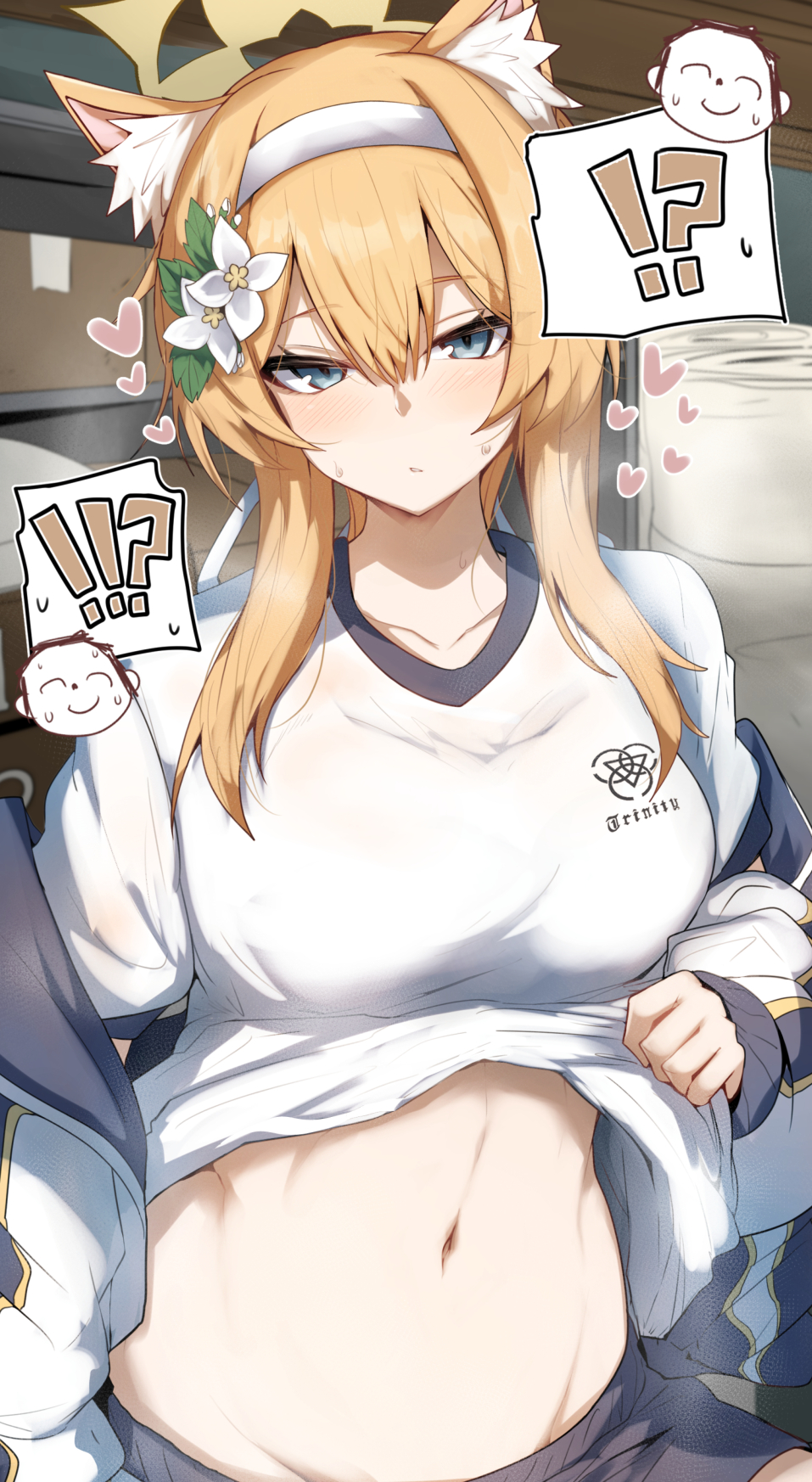 !? 1girl animal_ear_fluff arona's_sensei_doodle_(blue_archive) blue_archive blue_eyes blush breasts closed_mouth clothes_lift cowboy_shot flower gin_moku gym_shirt gym_shorts gym_uniform hair_between_eyes hair_flower hair_ornament hairband halo heart highres jacket large_breasts lifted_by_self long_hair looking_at_viewer mari_(blue_archive) mari_(track)_(blue_archive) navel official_alternate_costume open_clothes open_jacket orange_hair sensei_(blue_archive) shirt shirt_lift shorts solo stomach sweatdrop track_jacket white_flower white_hairband white_shirt yellow_halo