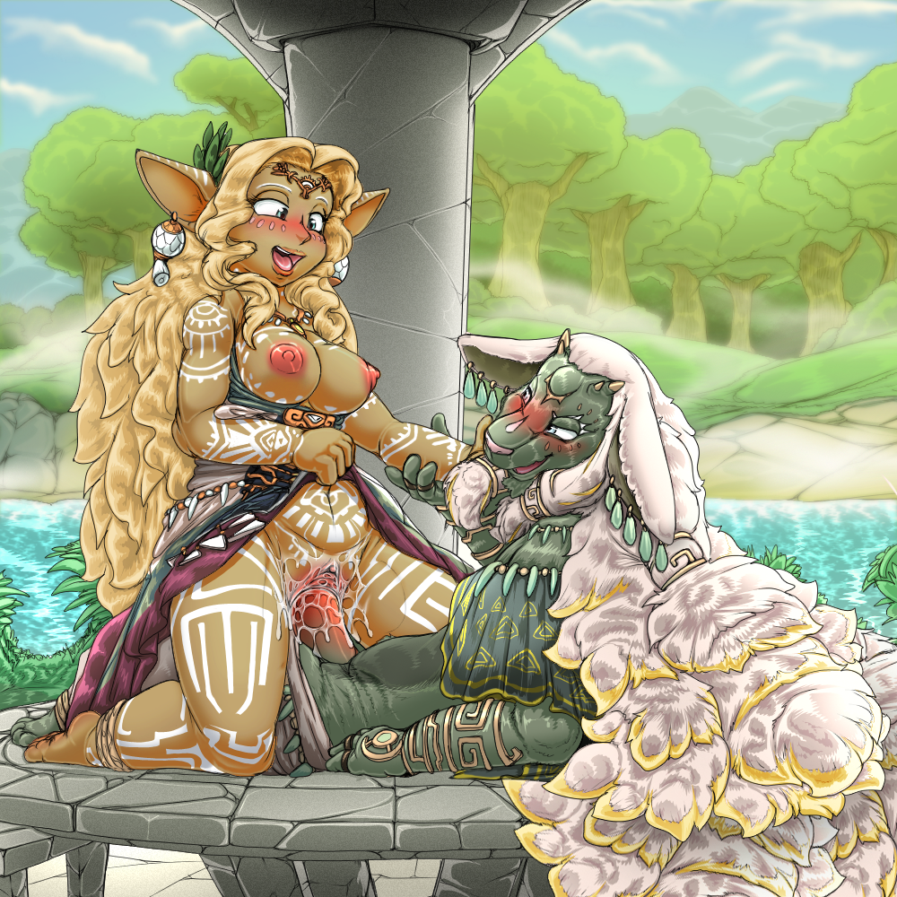 ancient_hylian anthro areola blonde_hair blue_eyes bodily_fluids bottomless bottomwear breasts brown_body brown_skin clothed clothing clothing_lift detailed_background dress dress_only duo exposed_breasts female forest fur genital_fluids grey_body grey_fur hair humanoid hylian kitsune_youkai long_hair male male/female markings nintendo nipples on_bottom on_top outdoor_sex penetration pillar pink_areola pink_nipples plant pussy_juice rauru_(tears_of_the_kingdom) reverse_cowgirl_position sex skirt skirt_lift sonia_(tloz) stole stole_only tears_of_the_kingdom the_legend_of_zelda tree vaginal vaginal_penetration white_hair zonai