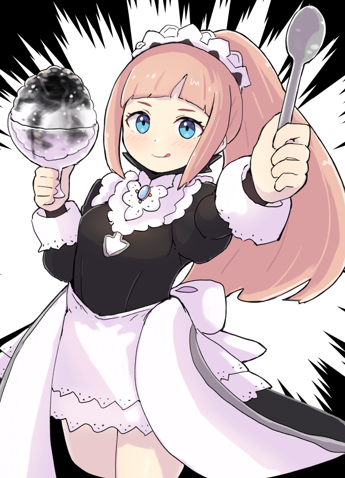 1girl :q black_dress blue_eyes brooch dress felicia_(fire_emblem) fire_emblem fire_emblem_fates food holding holding_spoon jewelry kutabireta_neko light_brown_hair long_hair looking_at_viewer maid maid_headdress ponytail shaved_ice smile solo spoon tongue tongue_out