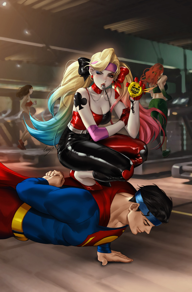 1boy 3girls arm_behind_back black_hair black_pants black_shirt blonde_hair blue_hair blue_headband breasts cape choker cleavage closed_eyes dc_comics elbow_pads exercise green_pants gym harley_quinn headband highres indoors leirix_(leirixart) long_hair multicolored_hair multiple_girls one_eye_closed orange_hair pants pink_headband poison_ivy push-ups red_cape red_choker red_footwear red_hair red_pants red_shirt shirt shoes short_hair shoulder_tattoo squatting standing_on_another's_back standing_on_person stopwatch superman tattoo treadmill twintails two-tone_pants two-tone_shirt whistle whistling wonder_woman