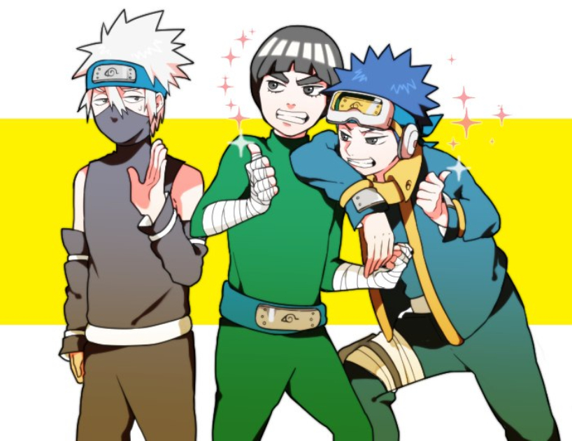 3boys aged_down artist_request bandaged_arm bandages black_eyes black_hair blue_hair blue_headband forehead_protector goggles goggles_on_head hatake_kakashi headband konohagakure_symbol long_sleeves mask might_guy mouth_mask multiple_boys naruto naruto_(series) naruto_shippuuden ninja ninja_mask short_hair smile spiked_hair teeth thumbs_up uchiha_obito white_hair