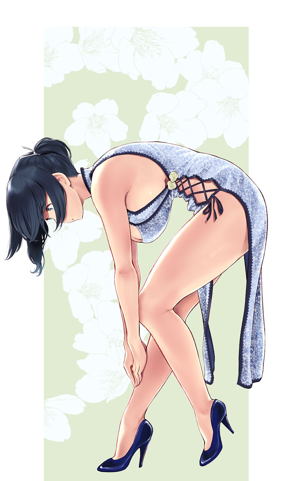 1girl against_wall alternate_costume bare_arms bare_legs bare_shoulders bent_over blue_dress blue_eyes blue_footwear blue_hair breasts china_dress chinese_clothes clothes_between_thighs clothing_cutout commentary cross-laced_clothes cross-laced_cutout dress floral_background from_side full_body hanging_breasts high_heels highres invisible_wall kantai_collection large_breasts legs looking_down parted_lips pelvic_curtain profile short_hair side_ponytail sideboob sideless_outfit sleeveless sleeveless_dress solo souryuu_(kancolle) standing wa_(genryusui)